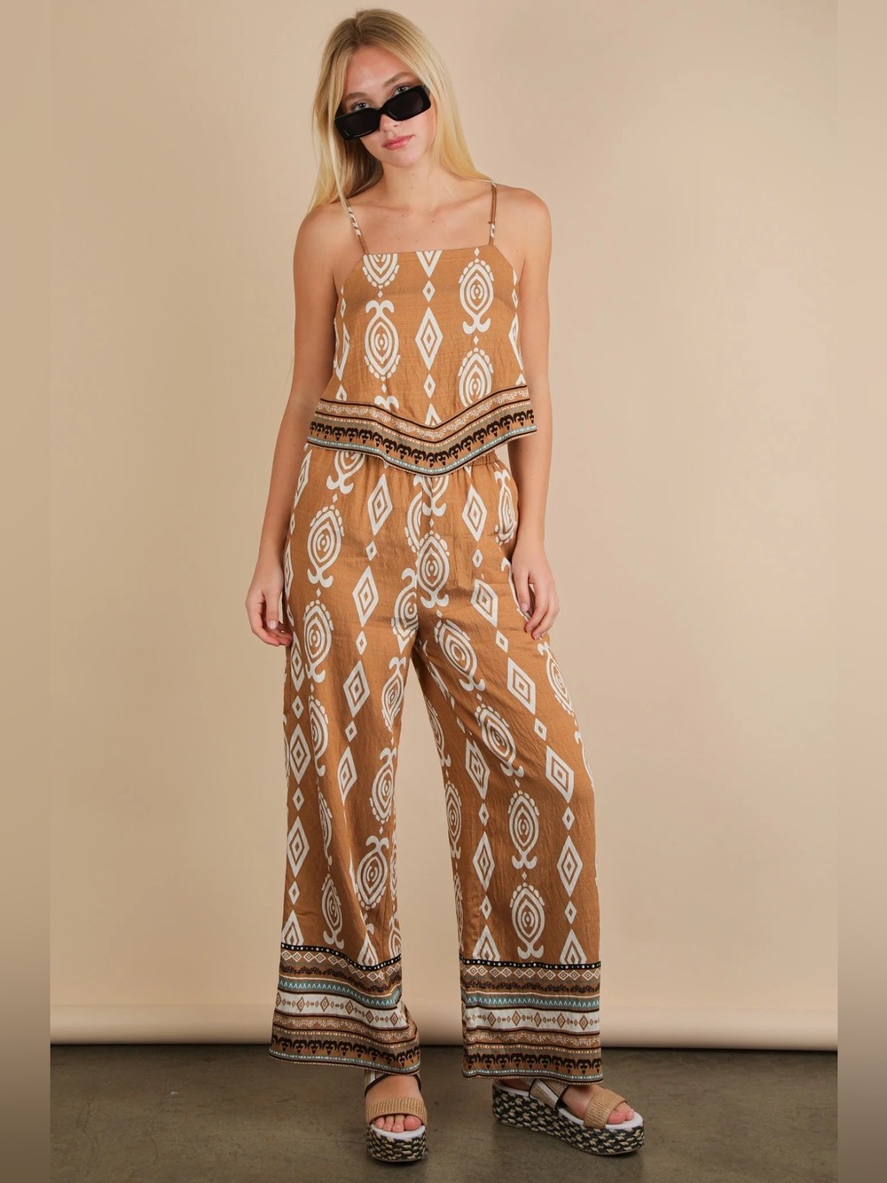 NWOT New In Printed Spaghetti-Strap Mocha Dune Set SZ MED